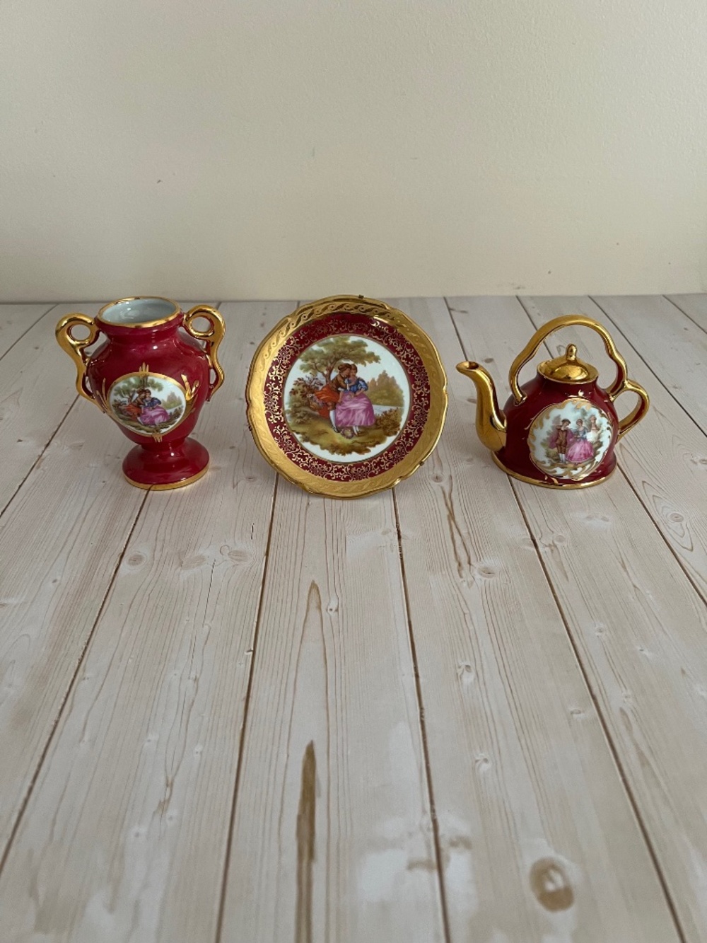Vintage Limoges France Red Porcelain Set - Romantic Courting Scene Collection